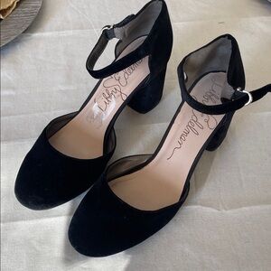 libby. edelman Black Suede Ankle-Strap Block Heels